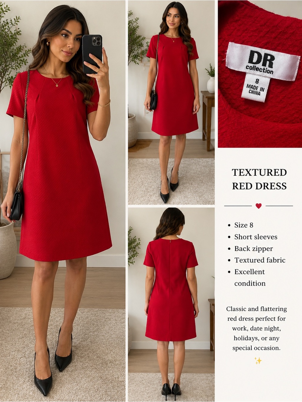 SD Collection Vibrant Red Textured Short-Sleeve Shift Dress